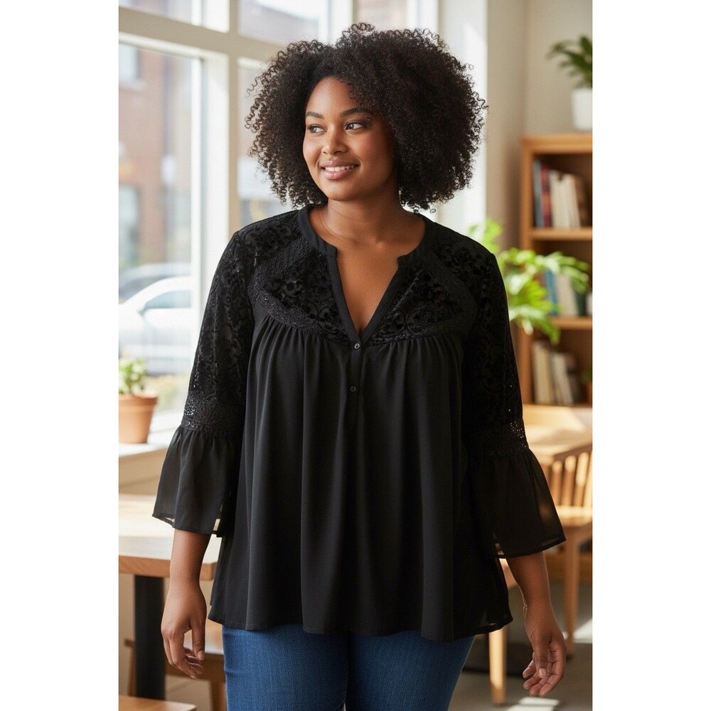 Chelsea & Theodore Women’s Plus Black Boho Peasant Blouse Size 1X Burnout Velvet